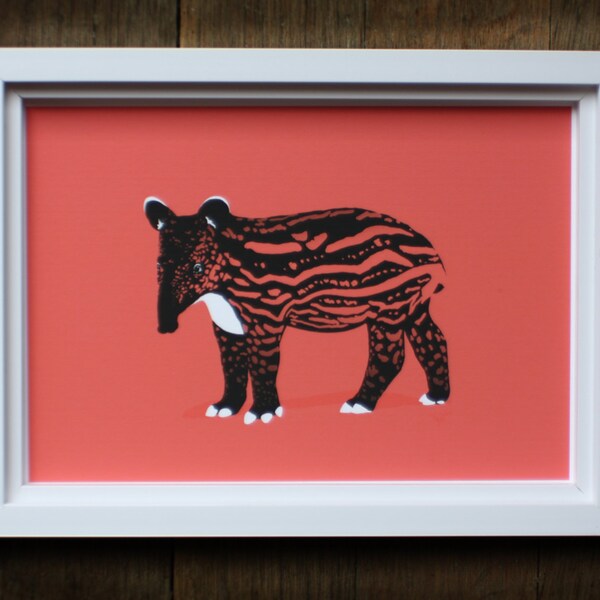 Baby Tapir art 8X10 illustrated digital print, digital illustration, drawing, Salmon pink, coral, bright, modern, animal, neon