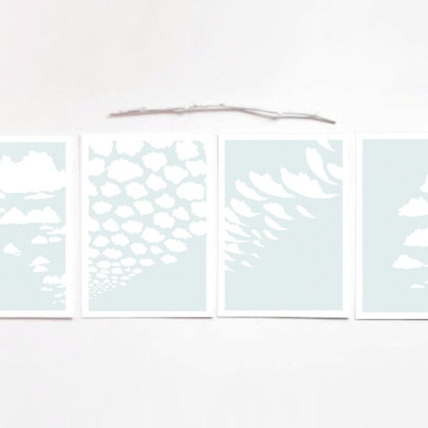 Collecting Clouds Set of 4 illustrated art prints, 5x7 art, instant collection, nursery art, light blue, sky, white clouds, cloud types