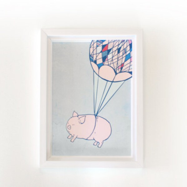 Fly With Me 5x7 flying pig print, pink and blue art, when pigs fly, nursery decor, hot air balloon