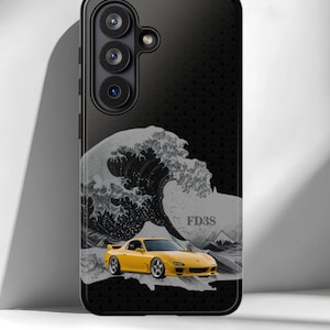 JDM FD3S Handyhülle, Autohülle im japanischen Wellenmuster, vom Ukiyo-e-Stil inspiriertes Sportwagenmotiv, Seigaiha-Muster, Geschenkidee für japanische Autofans