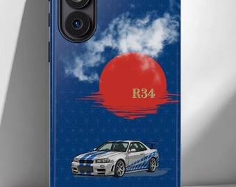 JDM R34 Phone Case, Japanese Inspired Car Case, Asanoha Pattern, Red Sun Racing Design, Blue Sports Car Cover, Car Lover Gift