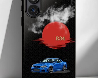 JDM R34 Phone Case, Japanese Inspired Car Case, Asanoha Pattern, Red Sun Racing Design, Blue Sports Car Cover, Car Lover Gift