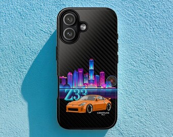 JDM Car Phone Case, Japanese Sports Car Inspired Design, Neon Night Skyline, Carbon Fiber Pattern, Drift Car Aesthetic, Z33 Style