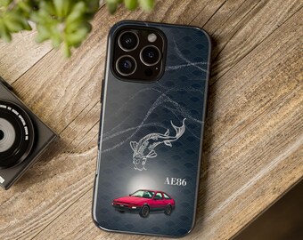 JDM Red AE86 Japanese Drift Car Phone Cover, White Line Art Koi Fish and Wagara Pattern, Custom AE 86 Aesthetic Phone Case