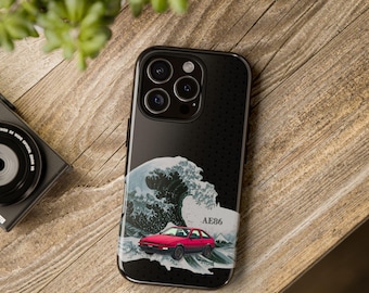JDM AE86 Phone Case with Japanese Great Wave Art and Wagara Pattern, Aesthetic Drift Car Cover for iPhone & Samsung, Gift for Car Enthusiast