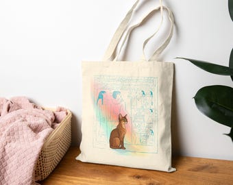Egyptian Cat Tote Bag – Elegant Abyssinian Design, Black & Natural Canvas, Gift for Cat Lovers, Stylish Everyday Bag