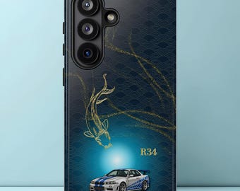 JDM R34 Japanese Sports Car Phone Cover, Gold Line Art Koi Fish and Seigaiha Pattern, Custom R 34 Aesthetic Phone Case, Drift Fan Gift