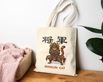 Shogun Cat Tote Bag | Japanese Samurai Cat Canvas Bag | Funny Cat Lover Gift, Cute Anime Tote, Aesthetic Eco Friendly Grocery Shopping Bag