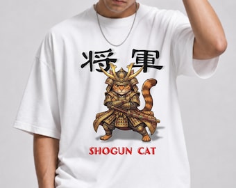 Shogun Cat T-Shirt, Samurai Cat Graphic Tee, Japanese Warrior Cat Shirt, Kawaii Cat Gift, Japanese Kanji Shirt, Anime Inspired Unisex Tee