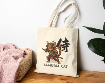 Samurai Cat Tote Bag | Japanese Kanji Warrior Canvas Bag | Katana Sword Feline, Anime Aesthetic Shopping Bag, Unique Cat Lover Gift