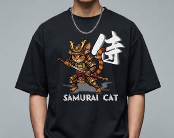 Samurai Cat T-Shirt, Cute Warrior Cat Shirt, Japanese Kanji Graphic Tee, Kawaii Cat Gift, Anime Inspired Cat Lover Tee