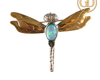 Dragonfly Brooch / Pendant / Necklace with Opal in 18k Gold and Sterling Silver - “Wings of Illumination”