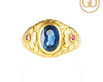 Floral Blue Sapphire & Ruby 18k Gold Ring - &quot;The Gilded Floral&quot;