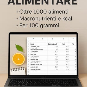 Pode incluir: Um laptop exibe um banco de dados de alimentos com informações nutricionais, incluindo calorias e macronutrientes. Uma fatia de laranja e um bloco de notas estão ao lado. O texto "DATABASE ALIMENTARE" está no topo.