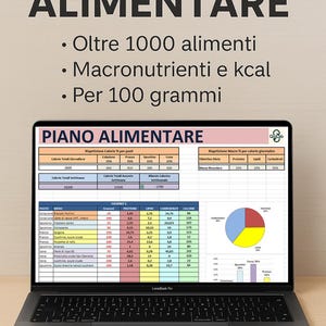 Peut inclure: Un ordinateur portable affiche une base de données nutritionnelles intitulée "DATABASE ALIMENTARE". L'écran présente un plan de repas avec des informations sur les macronutriments et les calories, ainsi qu'un graphique circulaire.