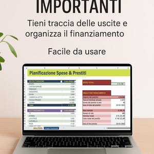 May include: A laptop displaying a financial planning spreadsheet with the title "Tracker Spese Importanti" in Italian. The screen shows expense categories and loan simulation details. The QuiLab logo is at the bottom.