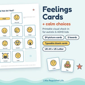 Könnte beinhalten: Ein druckbares Gefühlskarten-Set mit einem Raster aus gelben Emojis und Beschriftungen wie Happy, Sad, Angry, Worried, Scared, Tired, Excited und Calm. Der Text umfasst Feelings Cards, calm choices, 24 picture cards, 2 boards sowie UK A4 + US Letter.