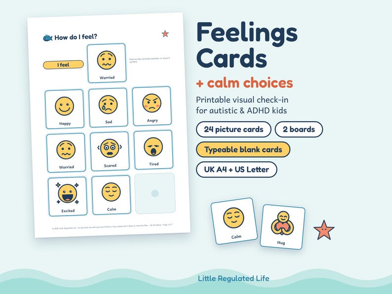 May include: A printable feelings card set featuring a grid of yellow emoji faces with labels like Happy, Sad, Angry, Worried, Scared, Tired, Excited, and Calm. The text includes Feelings Cards, calm choices, 24 picture cards, 2 boards, and UK A4 + US Letter.