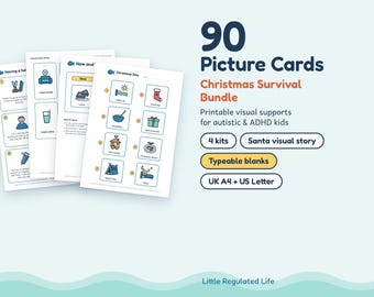 90 bildkort, julklappspaket med visuellt schema, nedräkning till autism och ADHD, berättelse om jultomten, utskrivbar