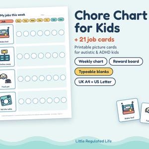 Takenlijst voor kinderen, 21 taakkaarten, bewerkbare blanco's, beloningsbord, printbaar voor kinderen met autisme en ADHD