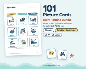101 bildkort, visuellt schemapaket, 7 tavlor, redigerbara, utskrivbara rutinscheman för autism och ADHD