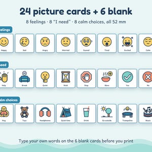 May include: A set of 24 picture cards and 6 blank cards, each measuring 52 mm. The cards feature colourful icons representing feelings, needs, and calm choices, with text labels like Happy, Sad, Angry, Help, Break, and Hug printed below each icon.