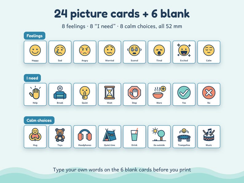 May include: A set of 24 picture cards and 6 blank cards, each measuring 52 mm. The cards feature colourful icons representing feelings, needs, and calm choices, with text labels like Happy, Sad, Angry, Help, Break, and Hug printed below each icon.