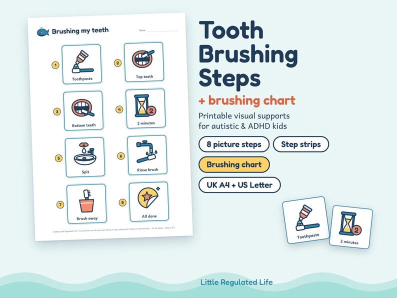 Tooth Brushing Chart for Kids, 8-Step Poster, Reward Chart, Editable Blanks, Autism ADHD Printable imagen 1