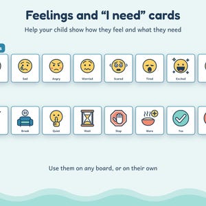 May include: A set of Feelings and I need cards featuring two rows of square icons. The top row displays eight yellow emoji faces labeled Happy, Sad, Angry, Worried, Scared, Tired, Excited, and Calm. The bottom row shows eight icons labeled Help, Break, Quiet, Wait, Stop, More, Yes, and No.