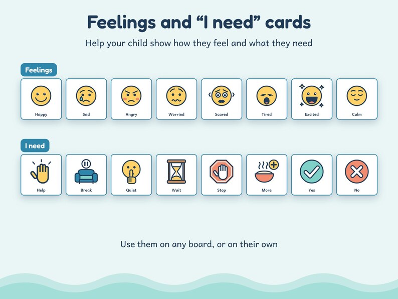 May include: A set of Feelings and I need cards featuring two rows of square icons. The top row displays eight yellow emoji faces labeled Happy, Sad, Angry, Worried, Scared, Tired, Excited, and Calm. The bottom row shows eight icons labeled Help, Break, Quiet, Wait, Stop, More, Yes, and No.