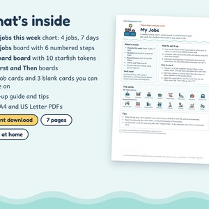 May include: A digital printable chore chart set titled My Jobs, featuring a weekly chart, a numbered job board, a reward board with 10 starfish tokens, 2 First and Then boards, 21 job cards, 3 blank cards, and a set-up guide in US Letter PDF.