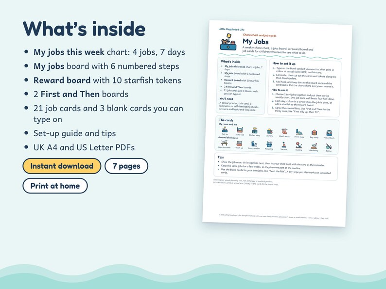 May include: A digital printable chore chart set titled My Jobs, featuring a weekly chart, a numbered job board, a reward board with 10 starfish tokens, 2 First and Then boards, 21 job cards, 3 blank cards, and a set-up guide in US Letter PDF.
