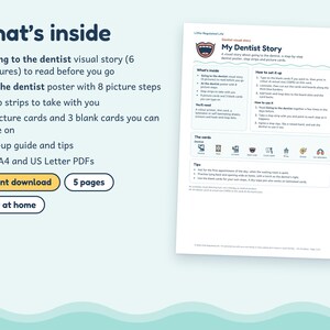 May include: A digital document titled My Dentist Story featuring a visual guide for dental visits. The page includes sections for What's inside, How to set it up, How to use it, The cards, and Tips, with icons for dentist, chair, and tools.