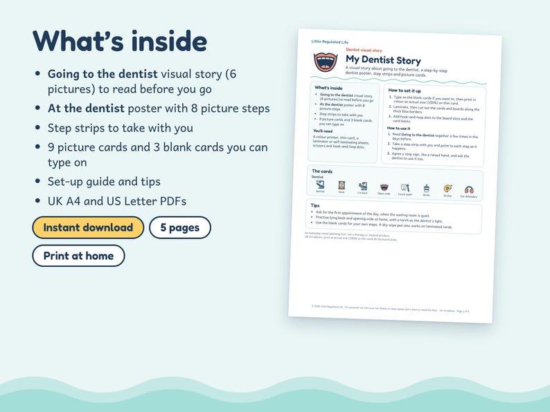 May include: A digital document titled My Dentist Story featuring a visual guide for dental visits. The page includes sections for What's inside, How to set it up, How to use it, The cards, and Tips, with icons for dentist, chair, and tools.