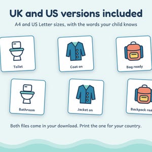 K&ouml;nnte beinhalten: Ein Set aus Lernkarten mit Symbolen f&uuml;r Toilette, Mantel und Tasche sowie Beschriftungen f&uuml;r britisches und amerikanisches Englisch. Der Text enth&auml;lt UK and US versions included, A4 and US Letter sizes, with the words your child knows, sowie Both files come in your download. Print the one for your country.