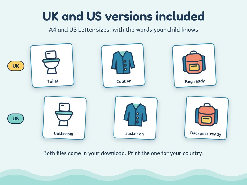 K&ouml;nnte beinhalten: Ein Set aus Lernkarten mit Symbolen f&uuml;r Toilette, Mantel und Tasche sowie Beschriftungen f&uuml;r britisches und amerikanisches Englisch. Der Text enth&auml;lt UK and US versions included, A4 and US Letter sizes, with the words your child knows, sowie Both files come in your download. Print the one for your country.