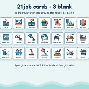 May include: A set of 21 job cards and 3 blank cards, each measuring 52 mm, featuring colorful icons for household tasks like tidying, laundry, and gardening. The text includes labels such as Tidy up, Make bed, Clothes away, and Shopping.