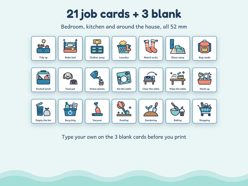 May include: A set of 21 job cards and 3 blank cards, each measuring 52 mm, featuring colorful icons for household tasks like tidying, laundry, and gardening. The text includes labels such as Tidy up, Make bed, Clothes away, and Shopping.