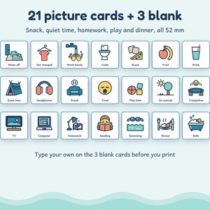 May include: A set of 21 illustrated picture cards and 3 blank cards, each measuring 52 mm. The cards feature colorful icons for daily activities like snack, quiet time, homework, play, and dinner, with text labels below each graphic icon.