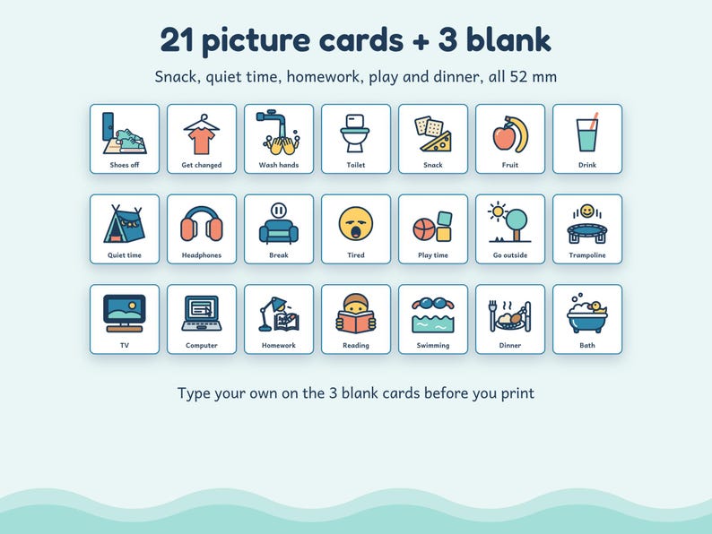 May include: A set of 21 illustrated picture cards and 3 blank cards, each measuring 52 mm. The cards feature colorful icons for daily activities like snack, quiet time, homework, play, and dinner, with text labels below each graphic icon.