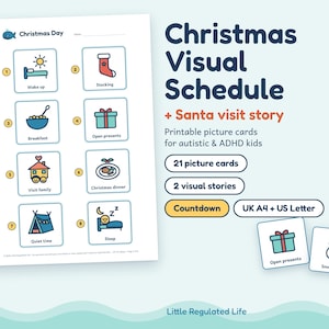 May include: A printable Christmas visual schedule featuring eight numbered icons for daily activities like waking up, breakfast, and opening presents. The document includes text labels, a Santa visit story, and two additional cards showing a gift and a snowman.