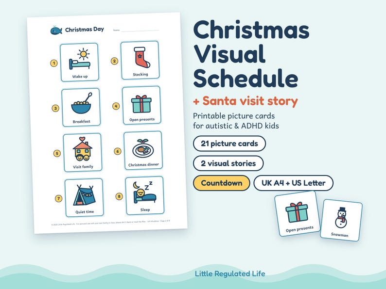 May include: A printable Christmas visual schedule featuring eight numbered icons for daily activities like waking up, breakfast, and opening presents. The document includes text labels, a Santa visit story, and two additional cards showing a gift and a snowman.