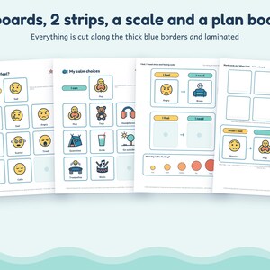 May include: Educational communication boards featuring colourful emoji icons and text labels for emotions and calming activities. The sheets include sections titled How do I feel, My calm choices, and I need strips, all with thick blue borders.