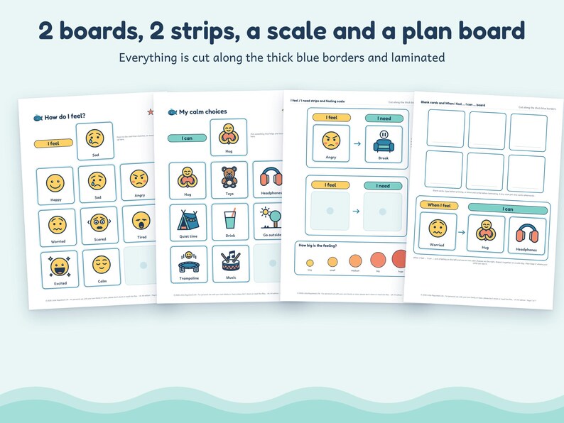 May include: Educational communication boards featuring colourful emoji icons and text labels for emotions and calming activities. The sheets include sections titled How do I feel, My calm choices, and I need strips, all with thick blue borders.