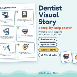Visueel verhaal over de tandarts voor kinderen, poster met 8 stappen, plaatjeskaarten, bewerkbare sjablonen, printbaar materiaal over autisme en ADHD