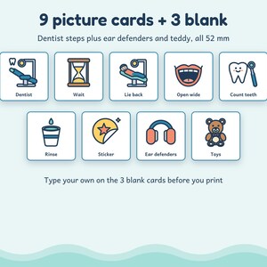 May include: A set of 9 picture cards and 3 blank cards, each measuring 52 mm. The cards feature colorful icons representing dentist steps including a dentist chair, hourglass, open mouth, tooth, rinse cup, sticker, ear defenders, and a teddy bear.