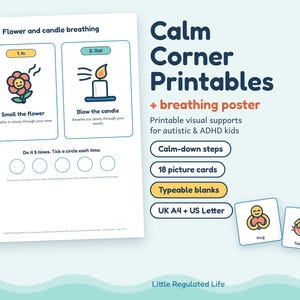 Calm Down Corner Printables, Autism ADHD Breathing Poster and Calm Down Cards, Printable image 1