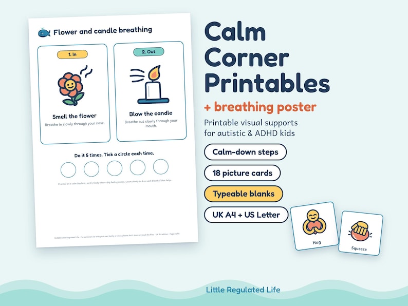 Calm Down Corner Printables, Autism ADHD Breathing Poster and Calm Down Cards, Printable image 1