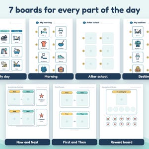 May include: A set of seven printable visual schedule boards featuring colorful icons for daily routines. The boards include My day, Morning, After school, Bedtime, Now and Next, First and Then, and a Reward board with star symbols for tracking tasks.