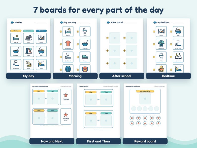 May include: A set of seven printable visual schedule boards featuring colorful icons for daily routines. The boards include My day, Morning, After school, Bedtime, Now and Next, First and Then, and a Reward board with star symbols for tracking tasks.
